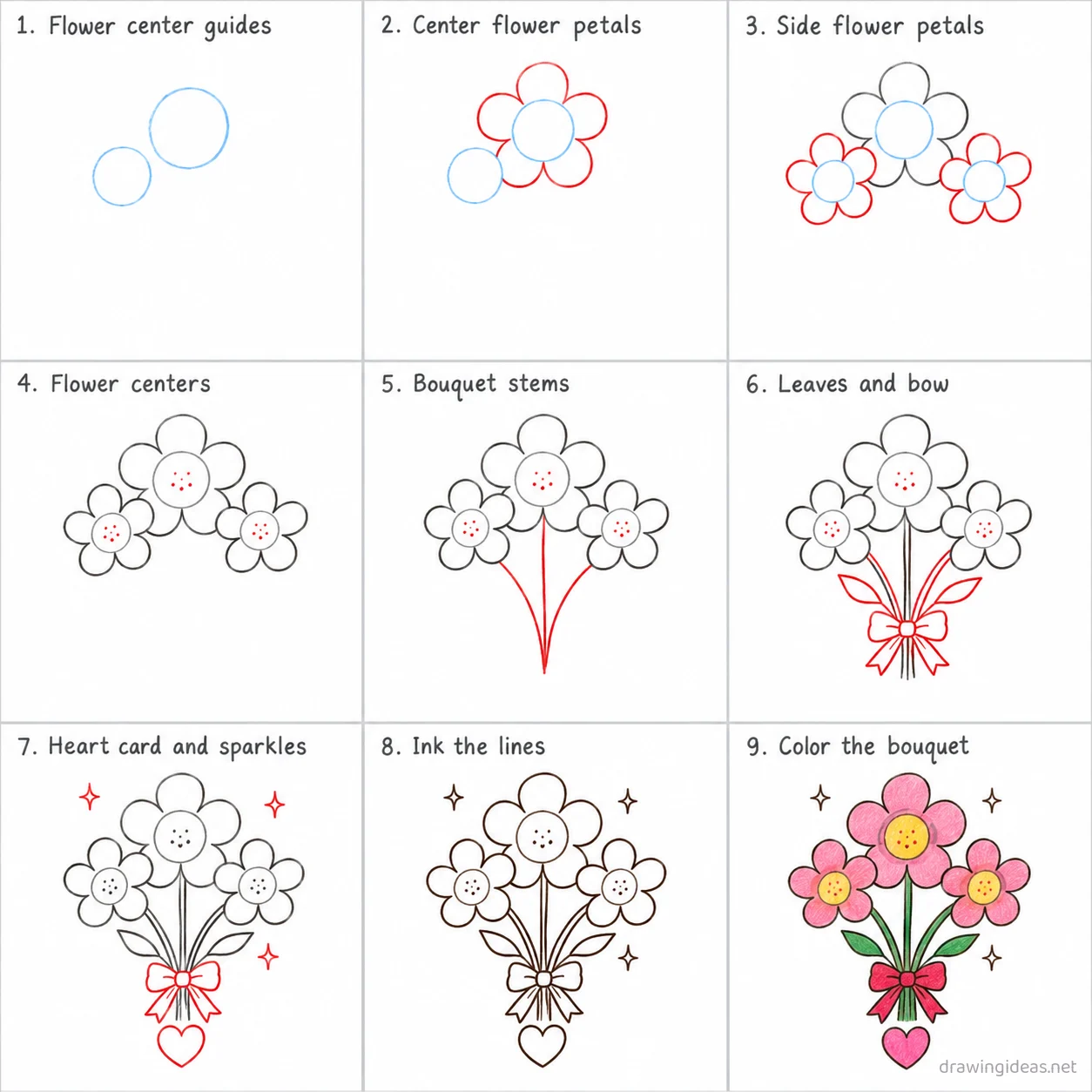 How to draw Mothers Day step by step — 9-step Mothers Day drawing tutorial sheet