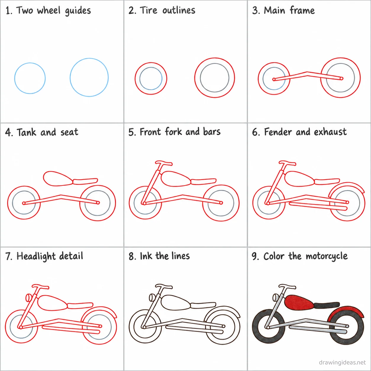 How to draw a motorcycle step by step — 9-step motorcycle drawing tutorial sheet