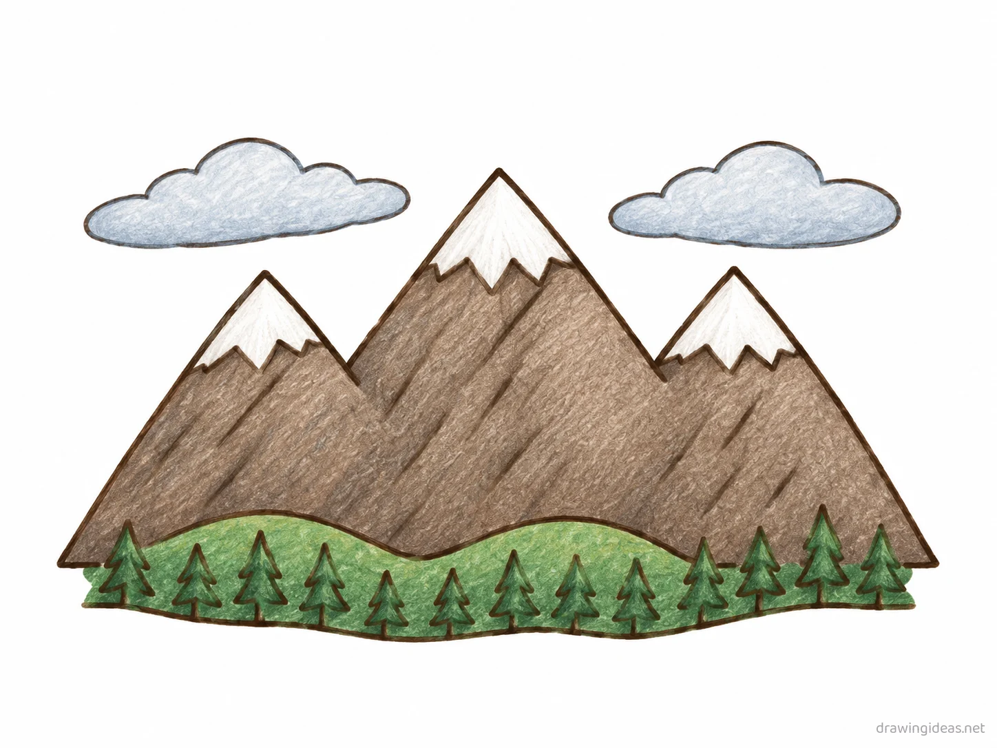 Mountain drawing — hand-drawn mountain illustration with ink lines and soft colors