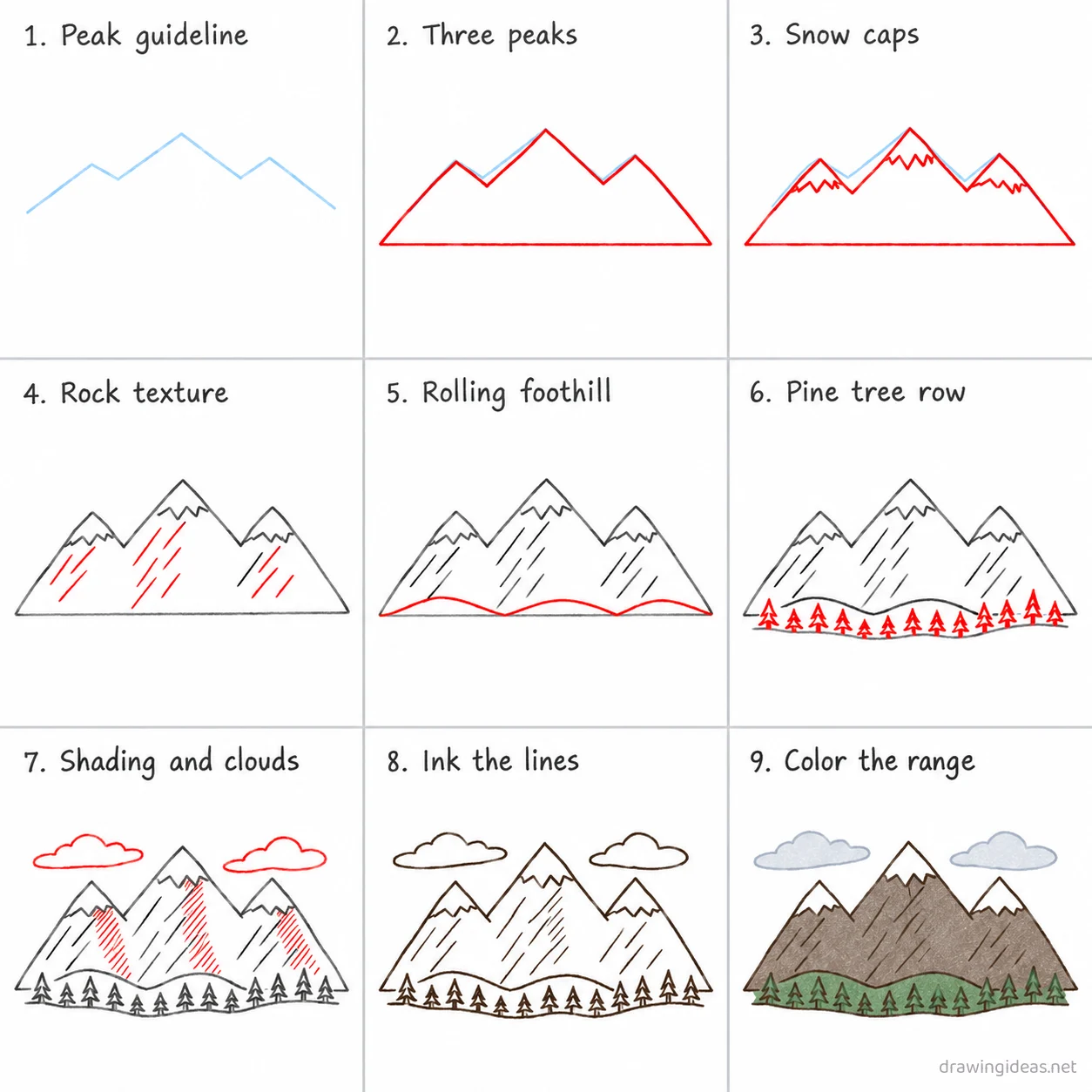 How to draw a mountain step by step — 9-step mountain drawing tutorial sheet