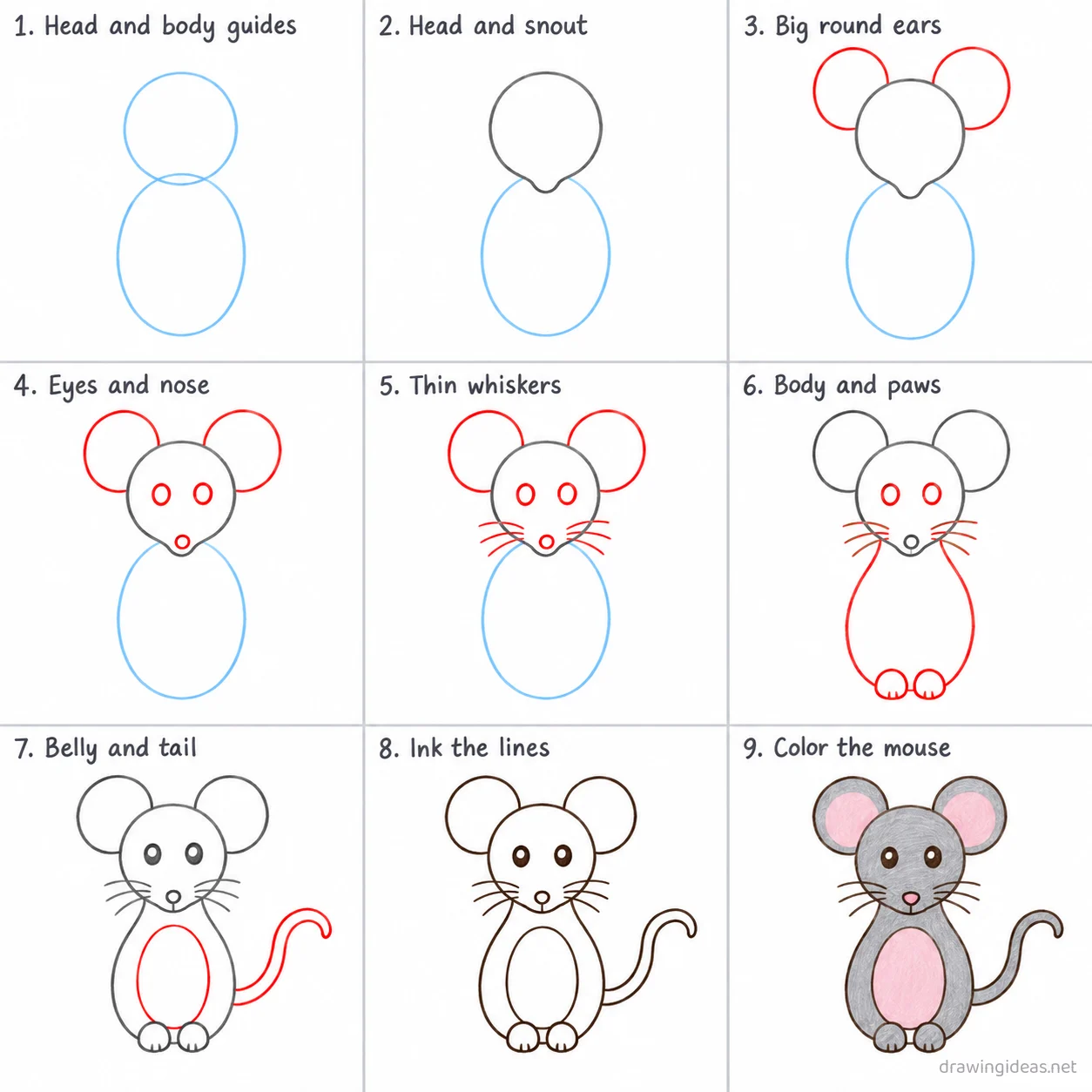 How to draw a mouse step by step — 9-step mouse drawing tutorial sheet
