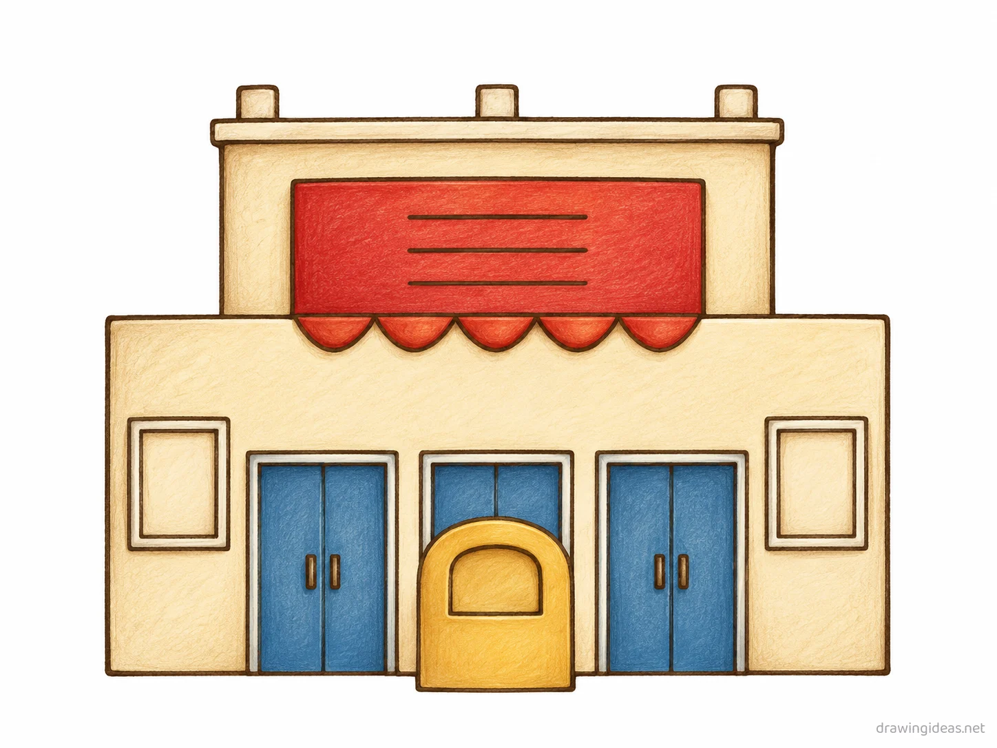 Movie Theater drawing — hand-drawn movie theater illustration with ink lines and soft colors