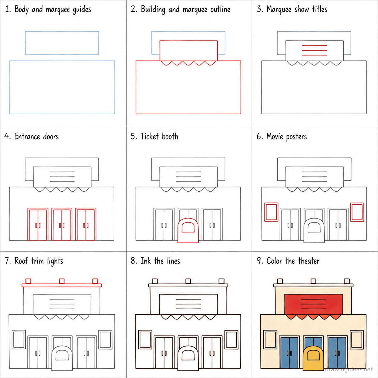 How to draw a movie theater step by step — 9-step movie theater drawing tutorial sheet