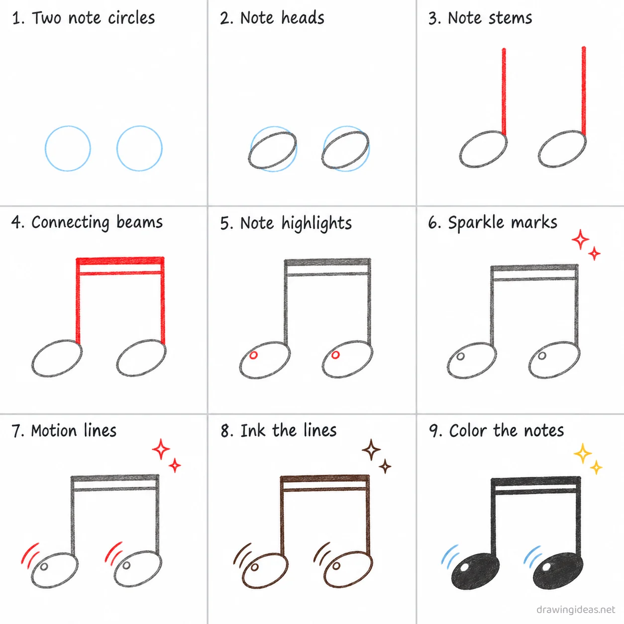 How to draw a music note step by step — 9-step music note drawing tutorial sheet