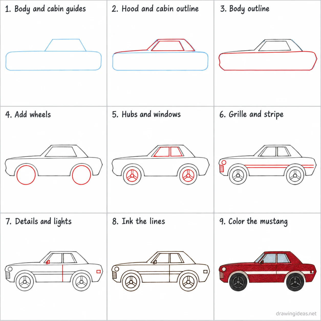 How to draw a mustang step by step — 9-step mustang drawing tutorial sheet