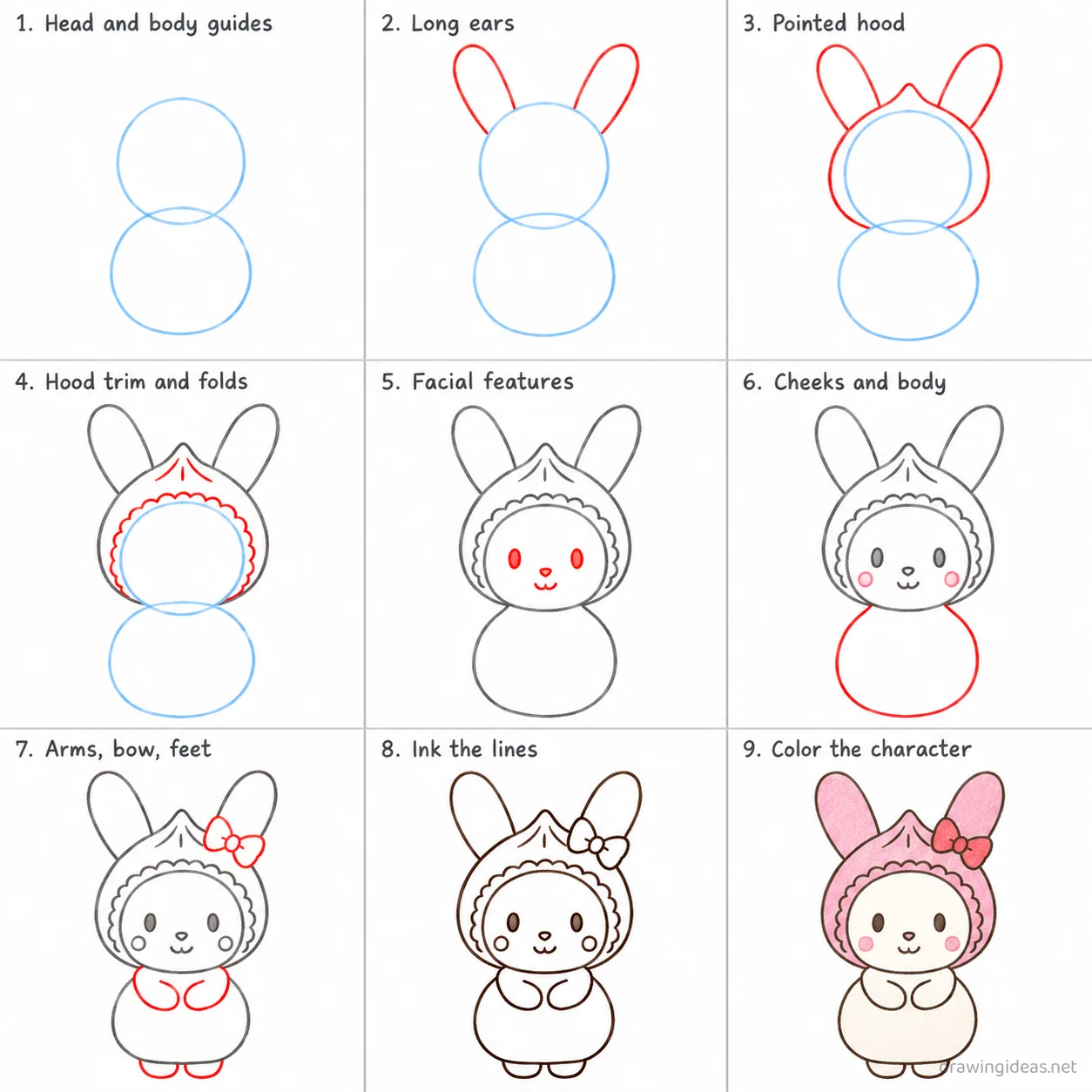 How to draw My Melody step by step — 9-step My Melody drawing tutorial sheet