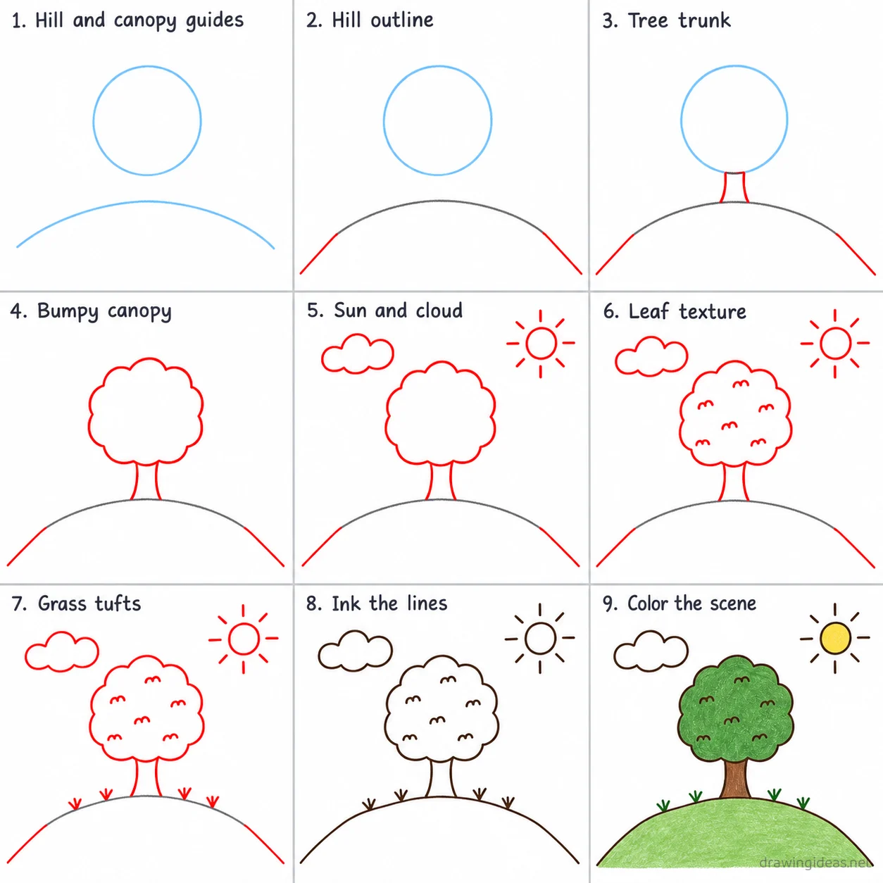 How to draw nature step by step — 9-step nature drawing tutorial sheet