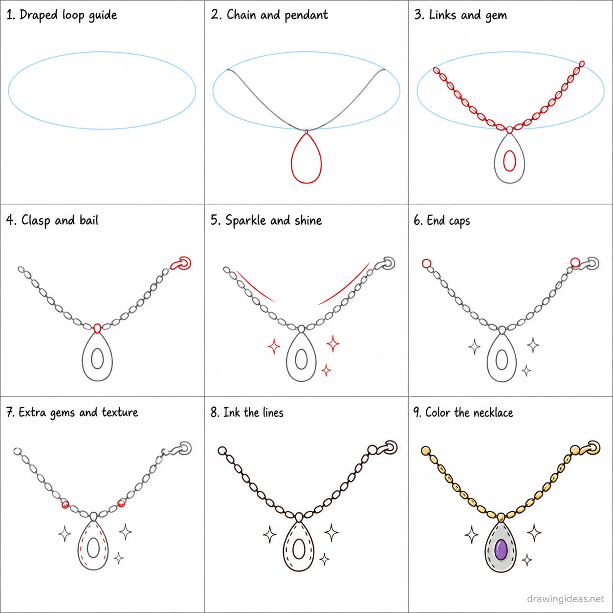 How to draw a necklace step by step — 9-step necklace drawing tutorial sheet