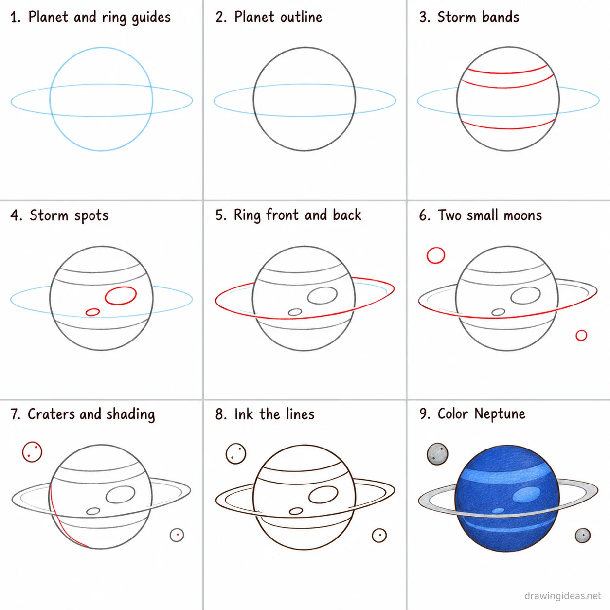 How to draw a neptune step by step — 9-step neptune drawing tutorial sheet