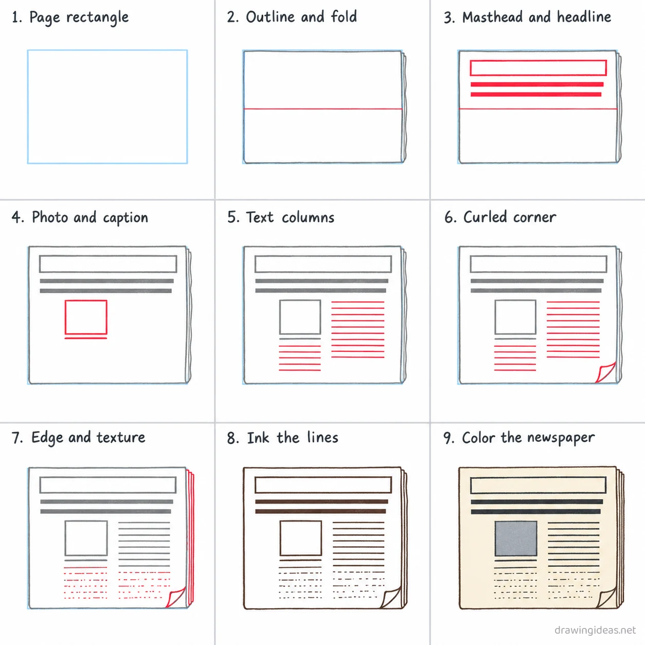 How to draw a newspaper step by step — 9-step newspaper drawing tutorial sheet