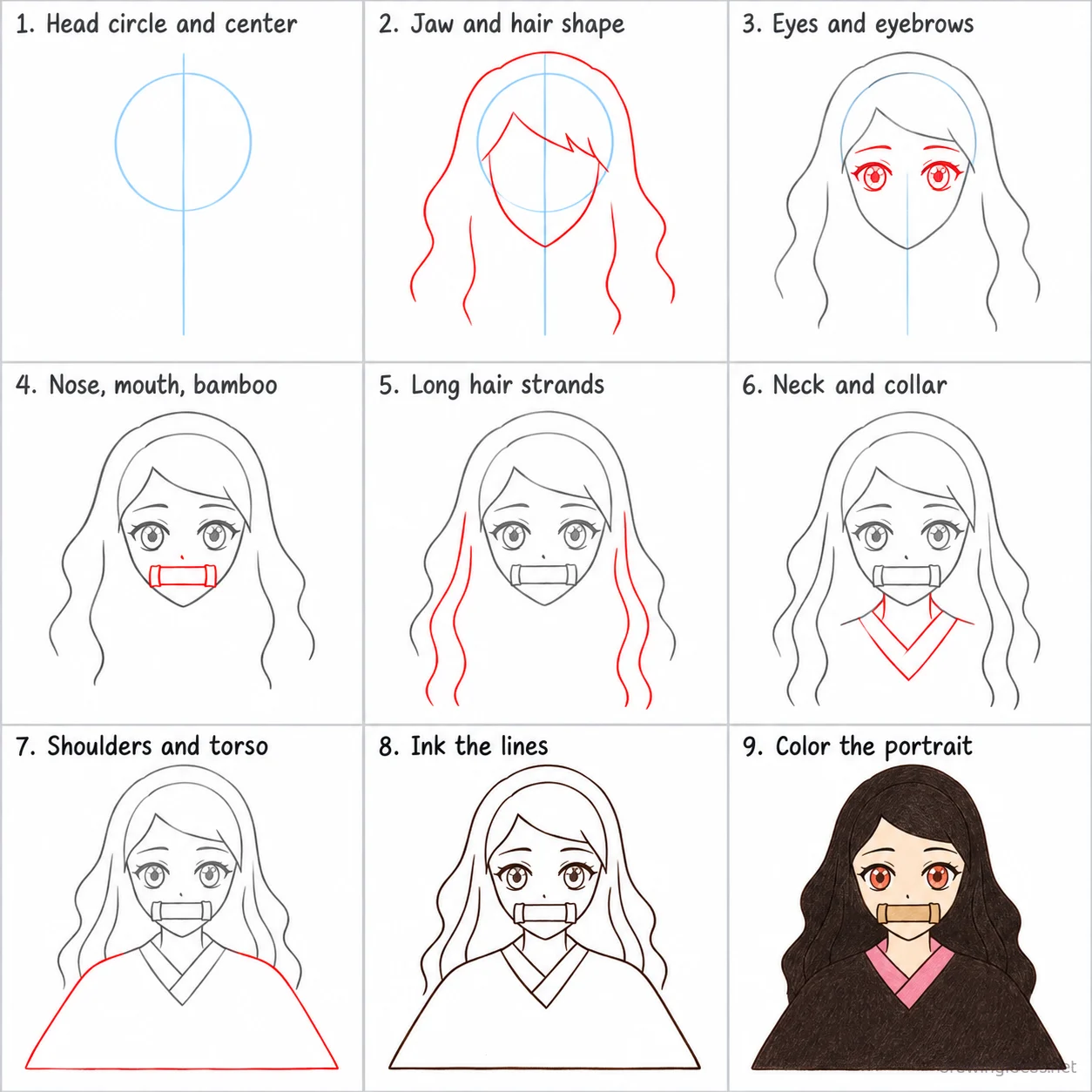 How to draw Nezuko step by step — 9-step Nezuko drawing tutorial sheet