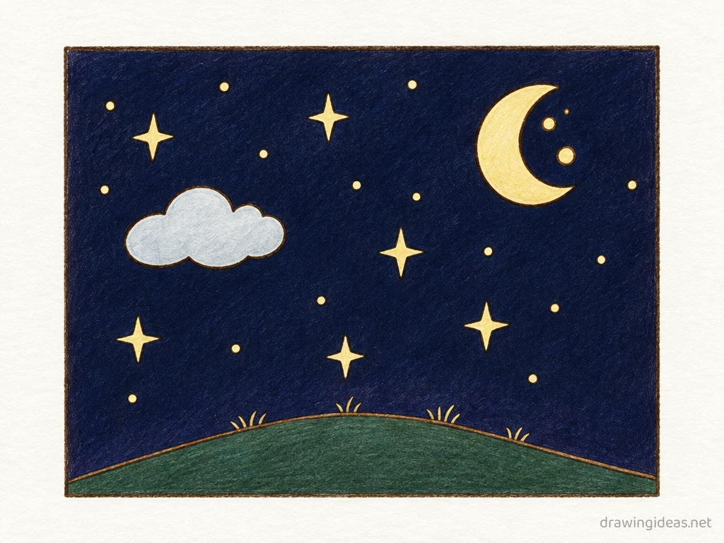 Night Sky drawing — hand-drawn night sky illustration with ink lines and soft colors