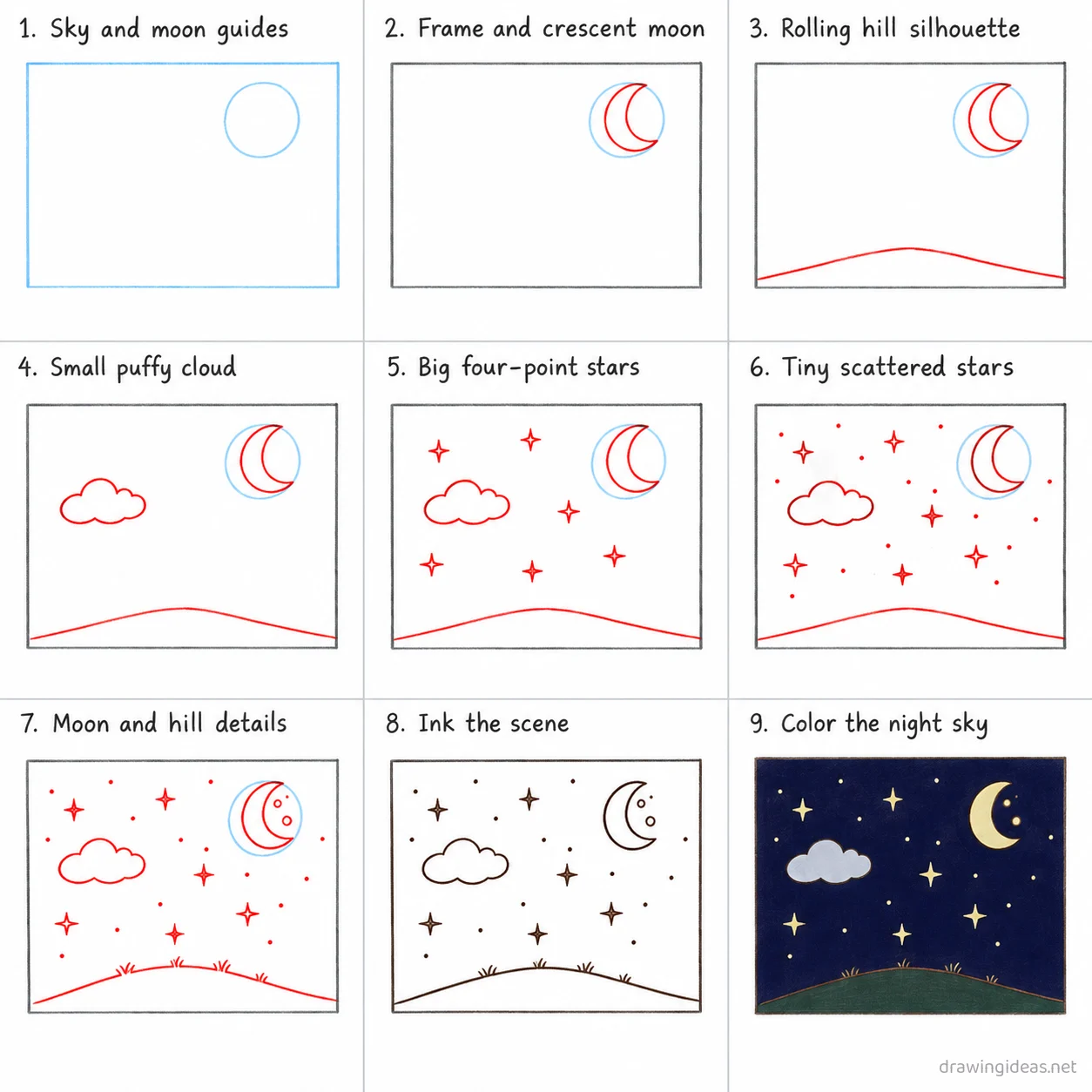 How to draw a night sky step by step — 9-step night sky drawing tutorial sheet