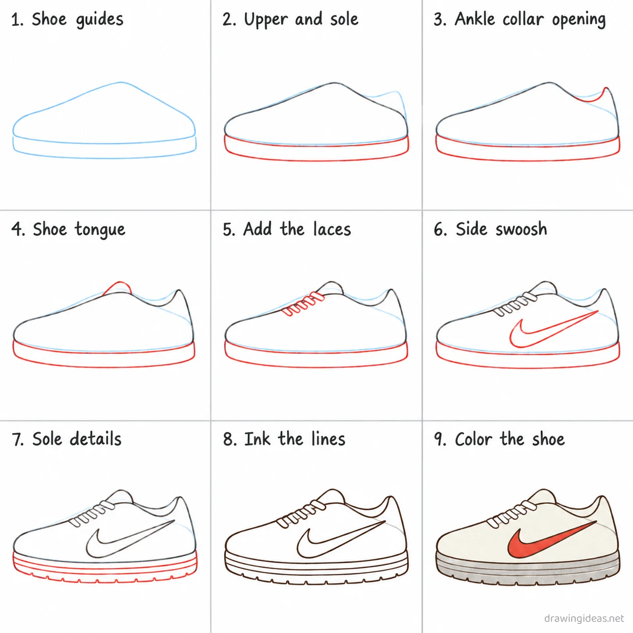 How to draw Nike step by step — 9-step Nike drawing tutorial sheet
