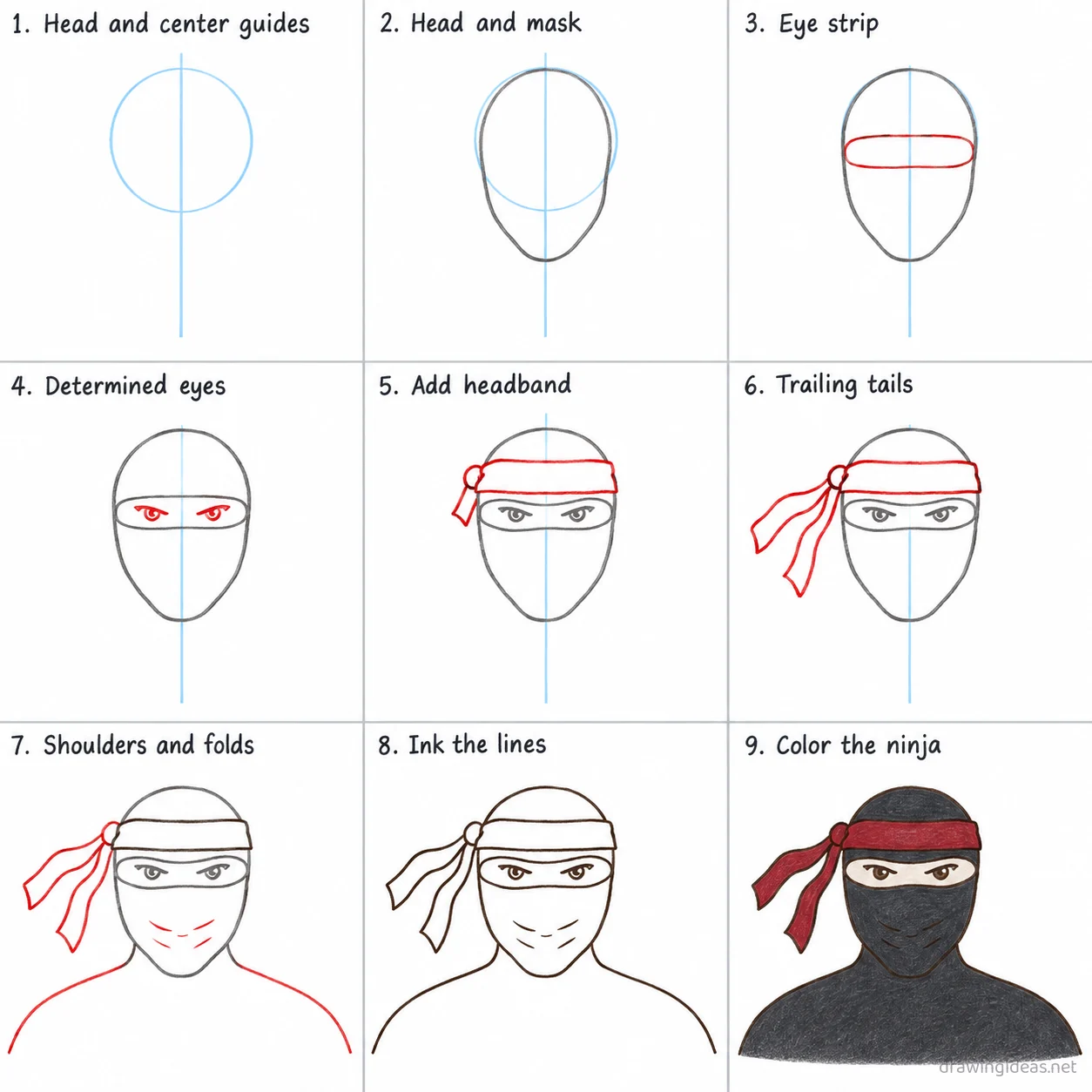 How to draw a ninja step by step — 9-step ninja drawing tutorial sheet