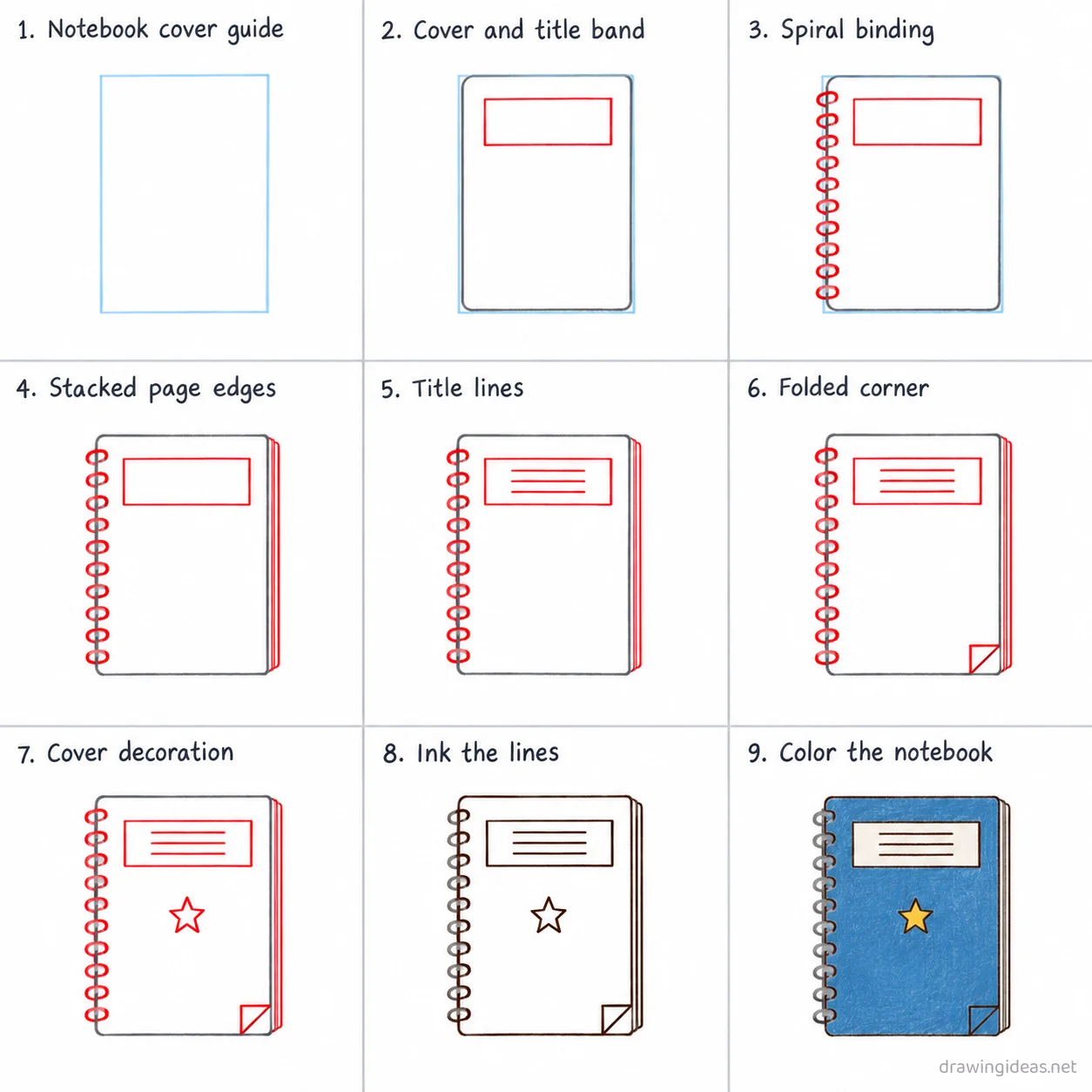 How to draw a notebook step by step — 9-step notebook drawing tutorial sheet