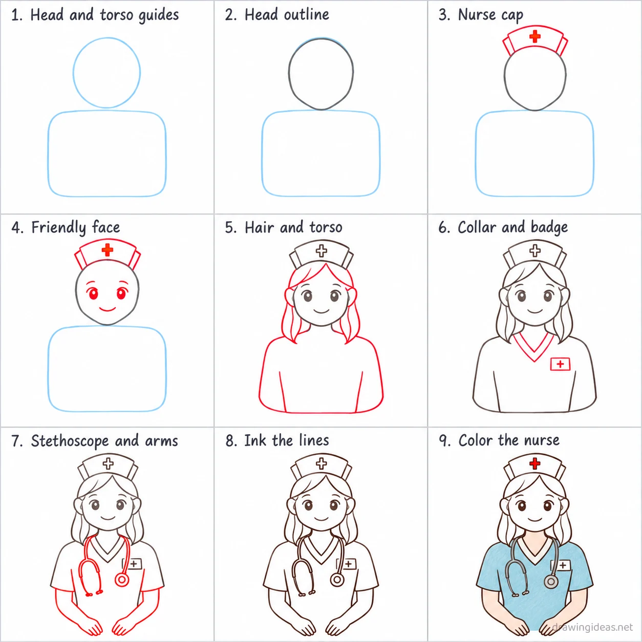 How to draw a nurse step by step — 9-step nurse drawing tutorial sheet