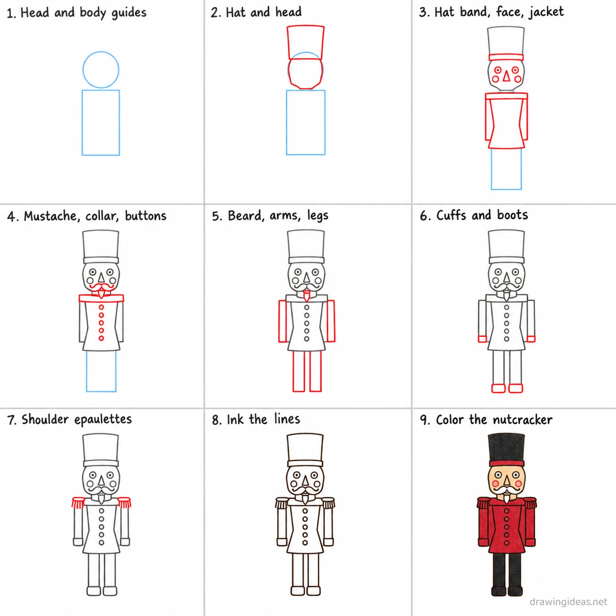 How to draw a nutcracker step by step — 9-step nutcracker drawing tutorial sheet