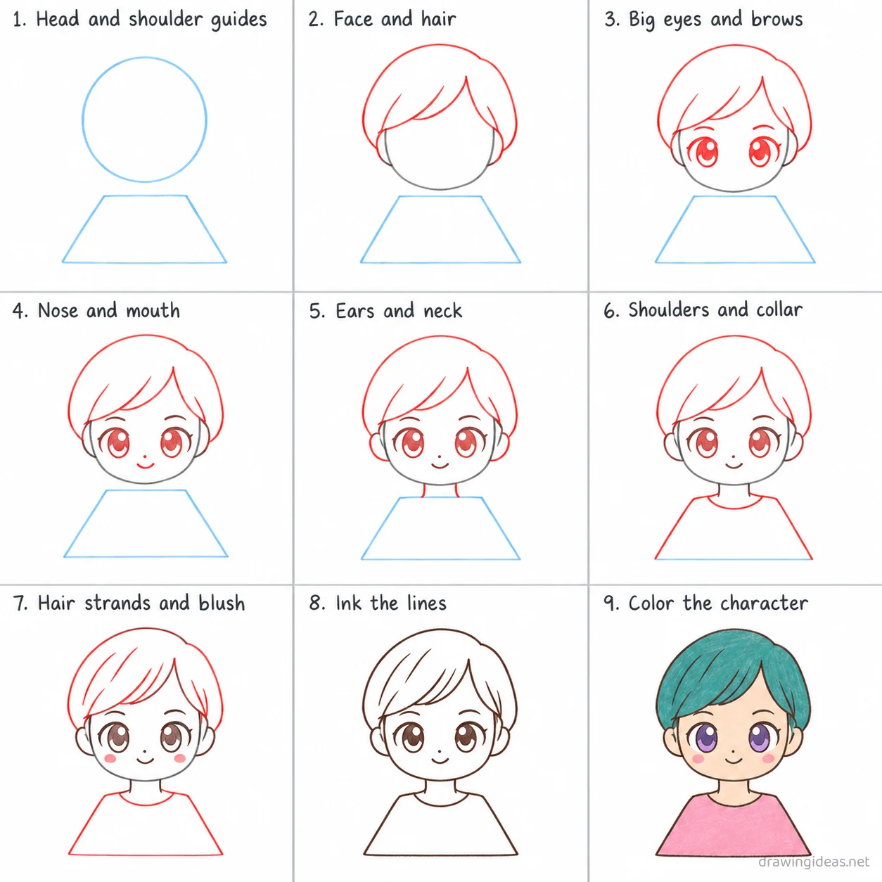 How to draw an original character (OC) step by step — 9-step oc drawing tutorial sheet
