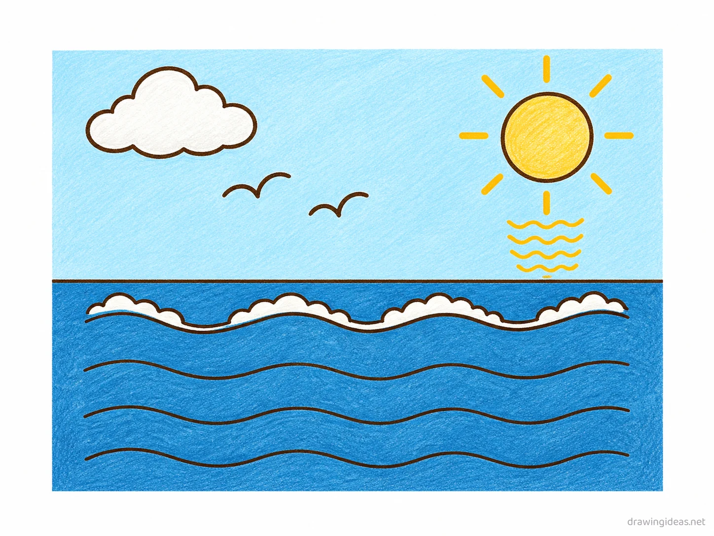 Ocean drawing — hand-drawn ocean illustration with ink lines and soft colors