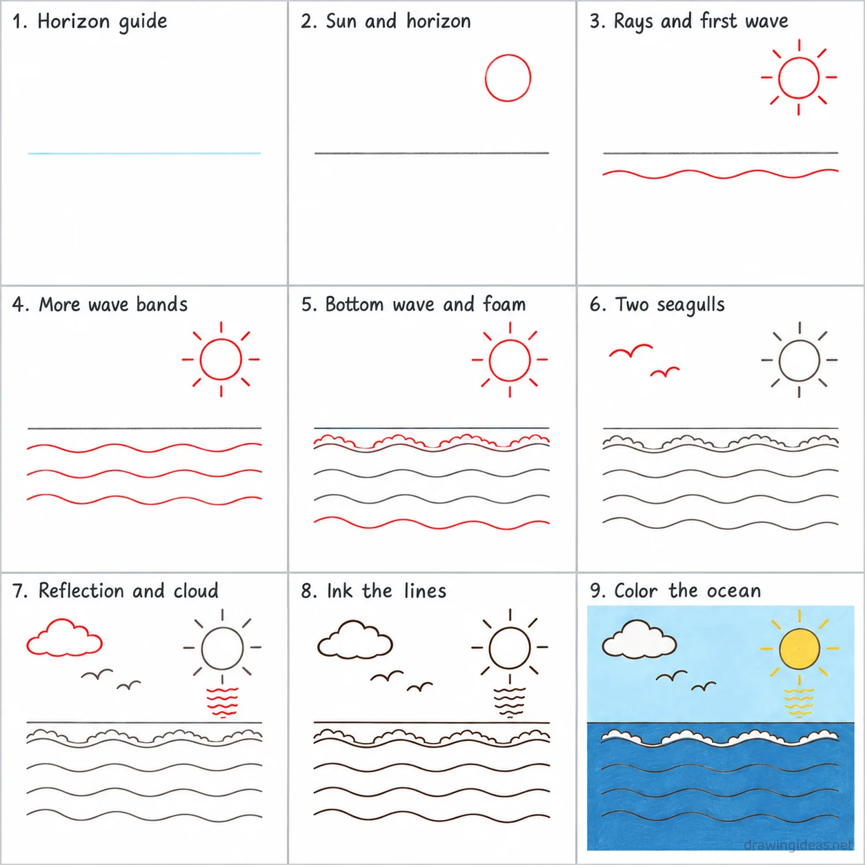 How to draw an ocean step by step — 9-step ocean drawing tutorial sheet