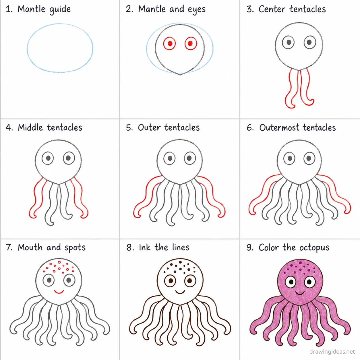 How to draw an octopus step by step — 9-step octopus drawing tutorial sheet