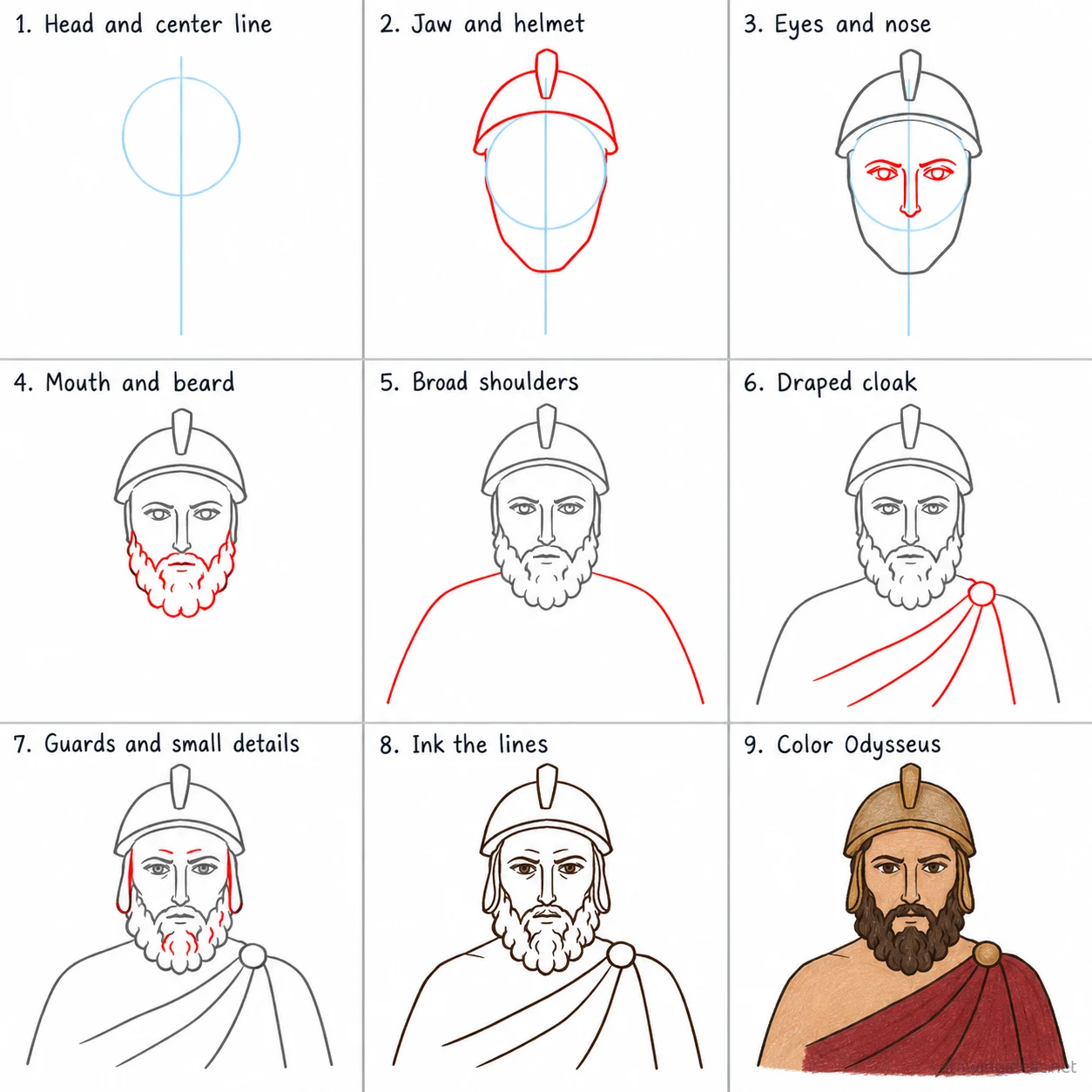 How to draw Odysseus step by step — 9-step Odysseus drawing tutorial sheet