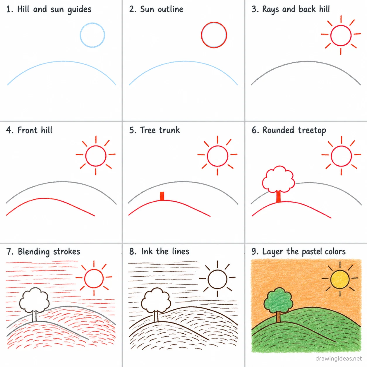How to draw an oil pastel step by step — 9-step oil pastel drawing tutorial sheet