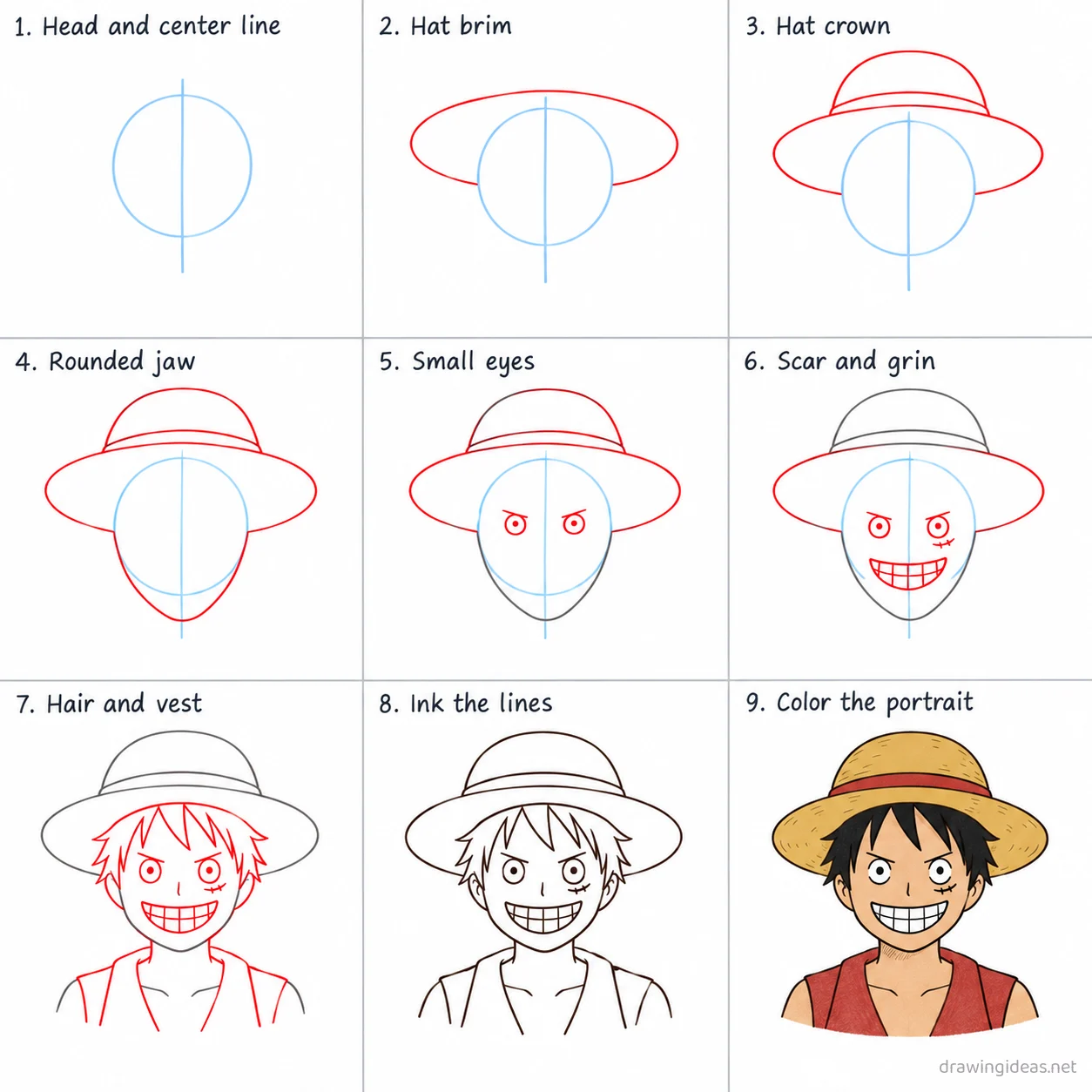 How to draw One Piece step by step — 9-step One Piece drawing tutorial sheet