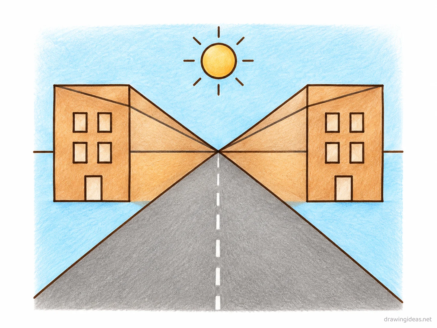 One Point Perspective drawing — hand-drawn one point perspective illustration with ink lines and soft colors