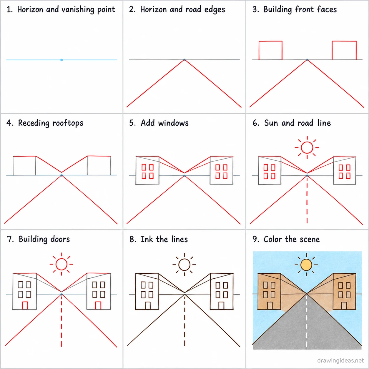 How to draw one point perspective step by step — 9-step one point perspective drawing tutorial sheet
