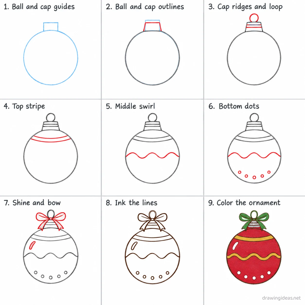 How to draw an ornament step by step — 9-step ornament drawing tutorial sheet