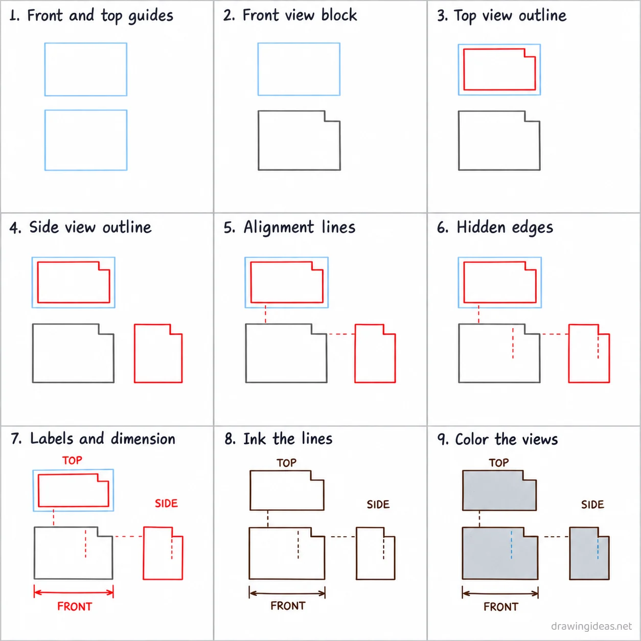 How to draw orthographic step by step — 9-step orthographic drawing tutorial sheet