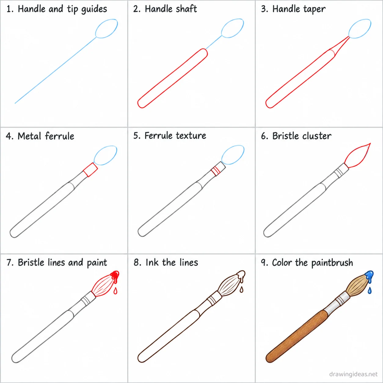 How to draw a paint brush step by step — 9-step paint brush drawing tutorial sheet