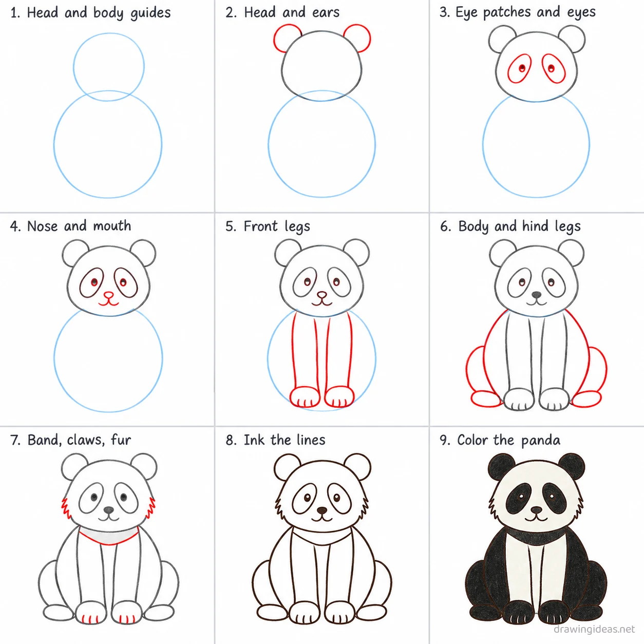 How to draw a panda step by step — 9-step panda drawing tutorial sheet