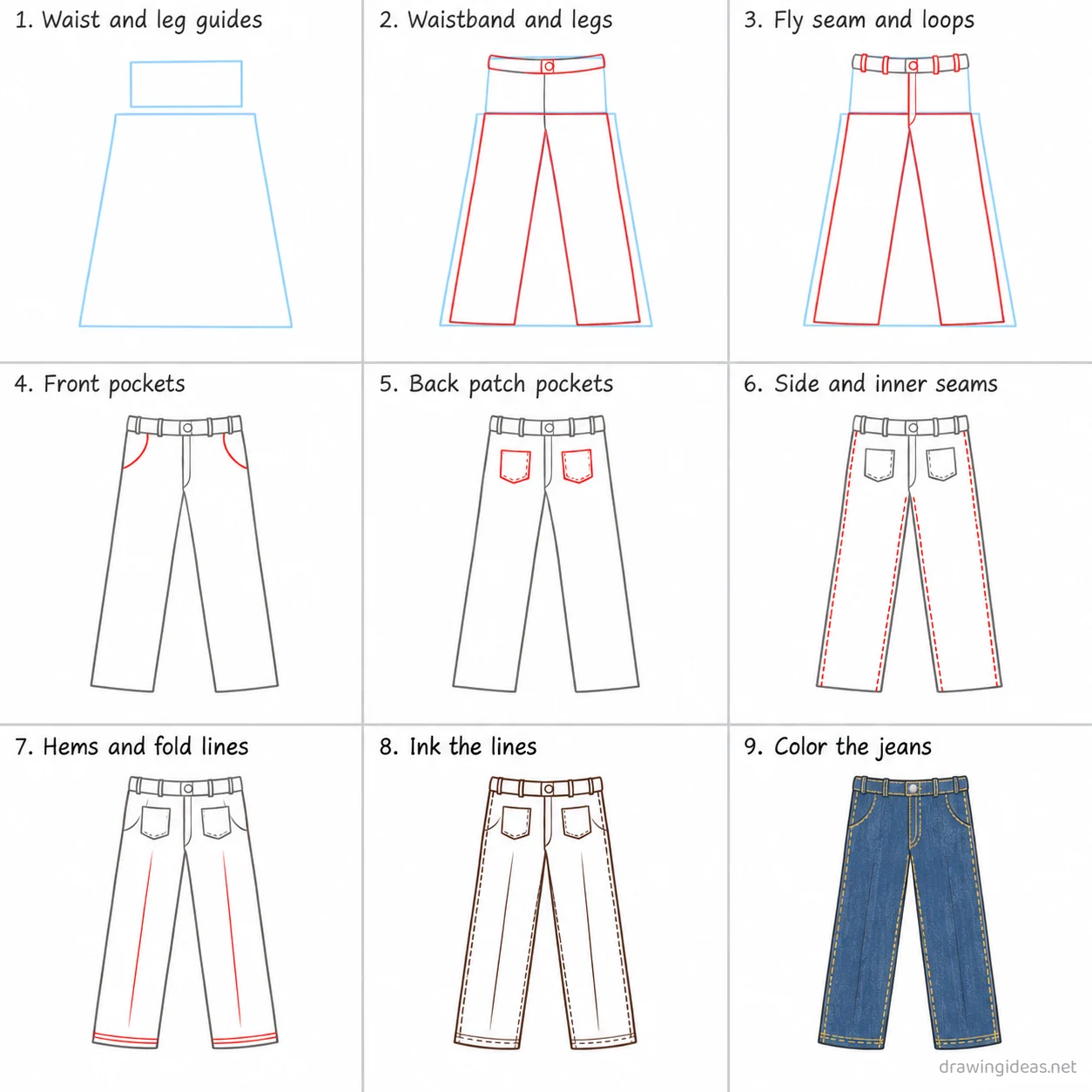 How to draw pants step by step — 9-step pants drawing tutorial sheet
