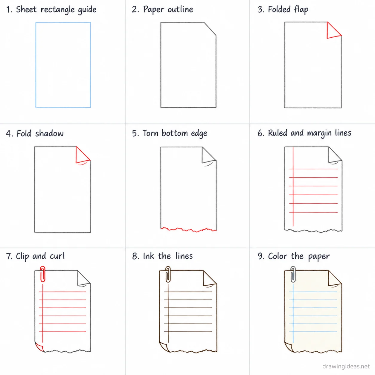 How to draw a paper step by step — 9-step paper drawing tutorial sheet