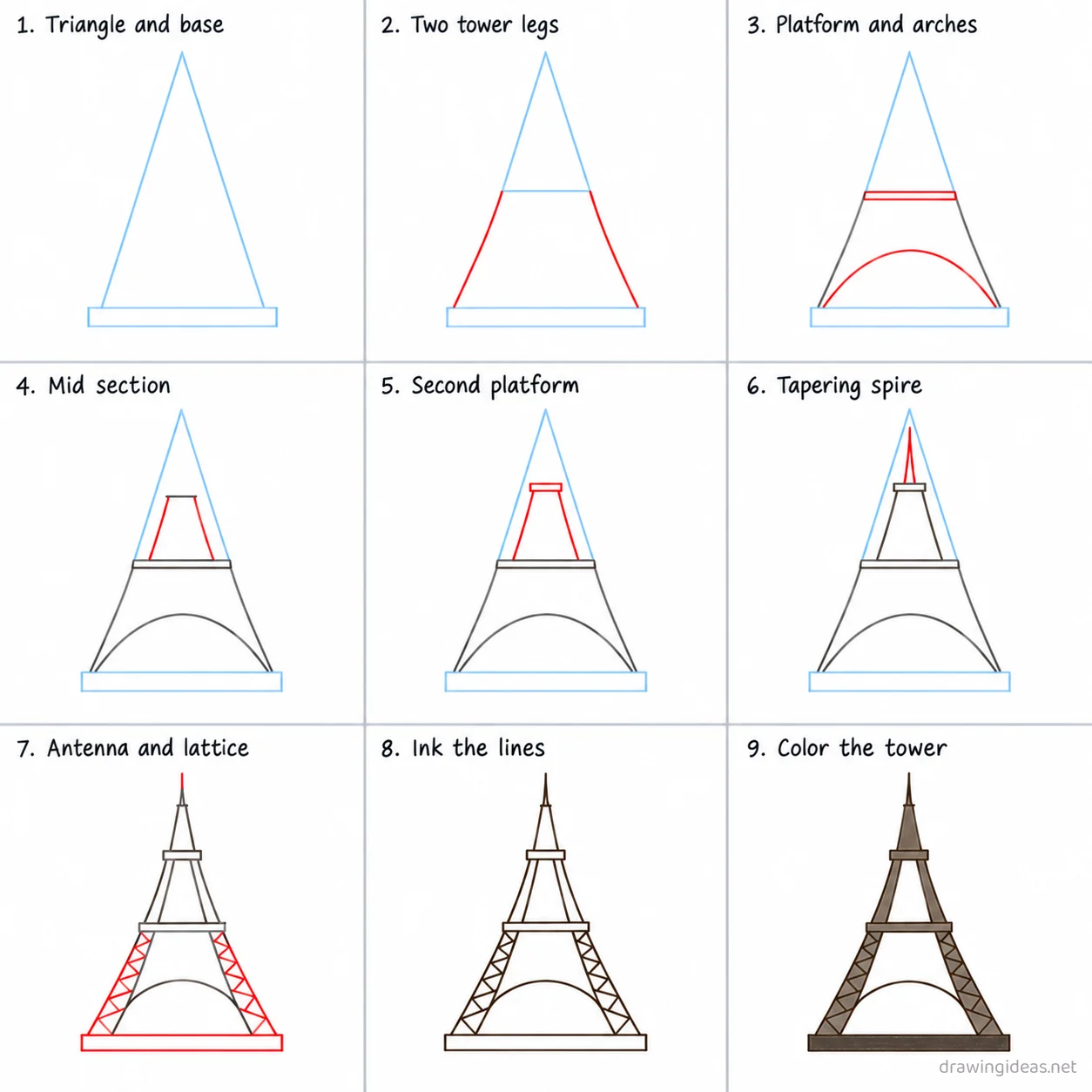 How to draw Paris step by step — 9-step Paris drawing tutorial sheet