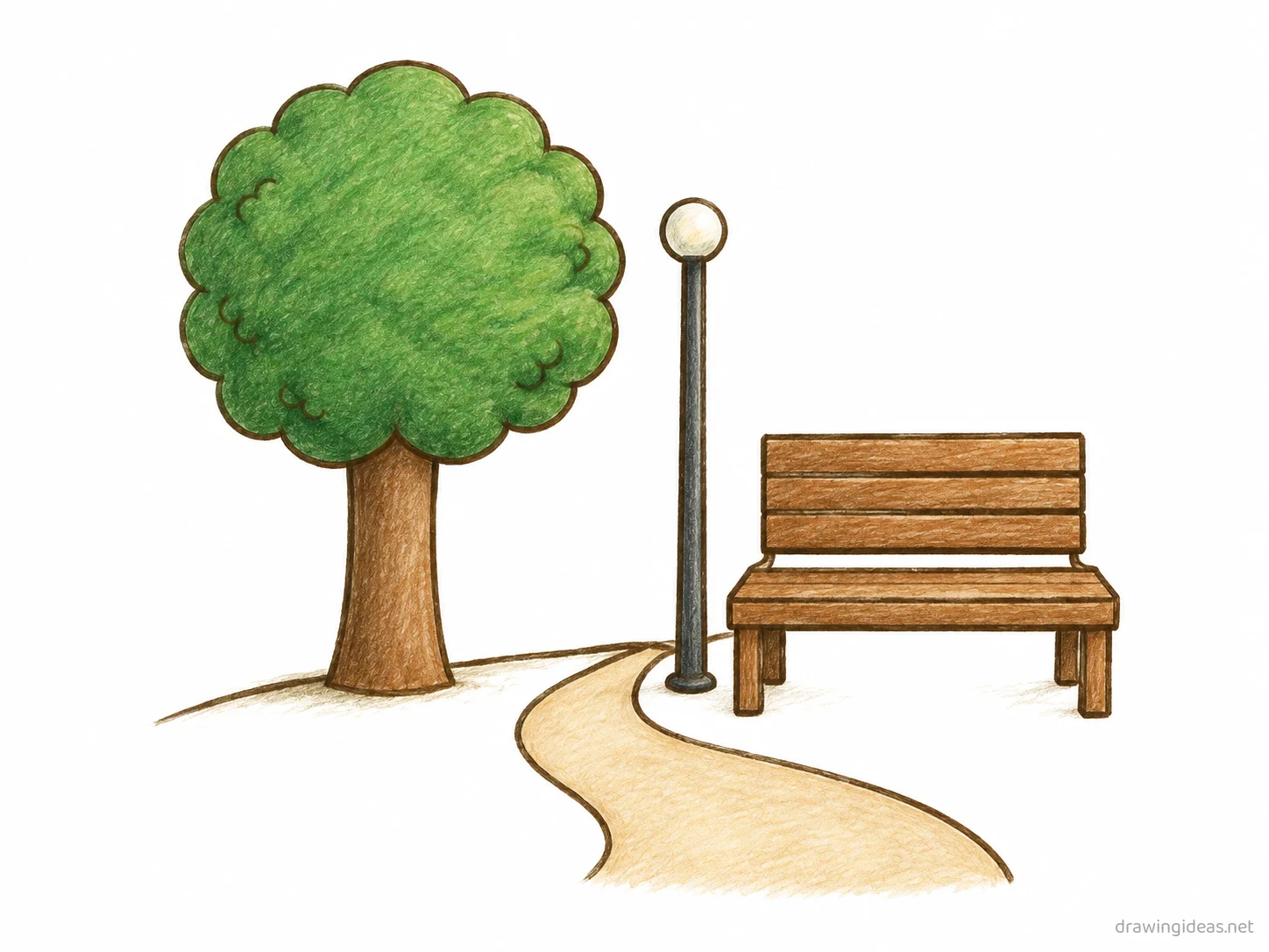 Park drawing — hand-drawn park illustration with ink lines and soft colors