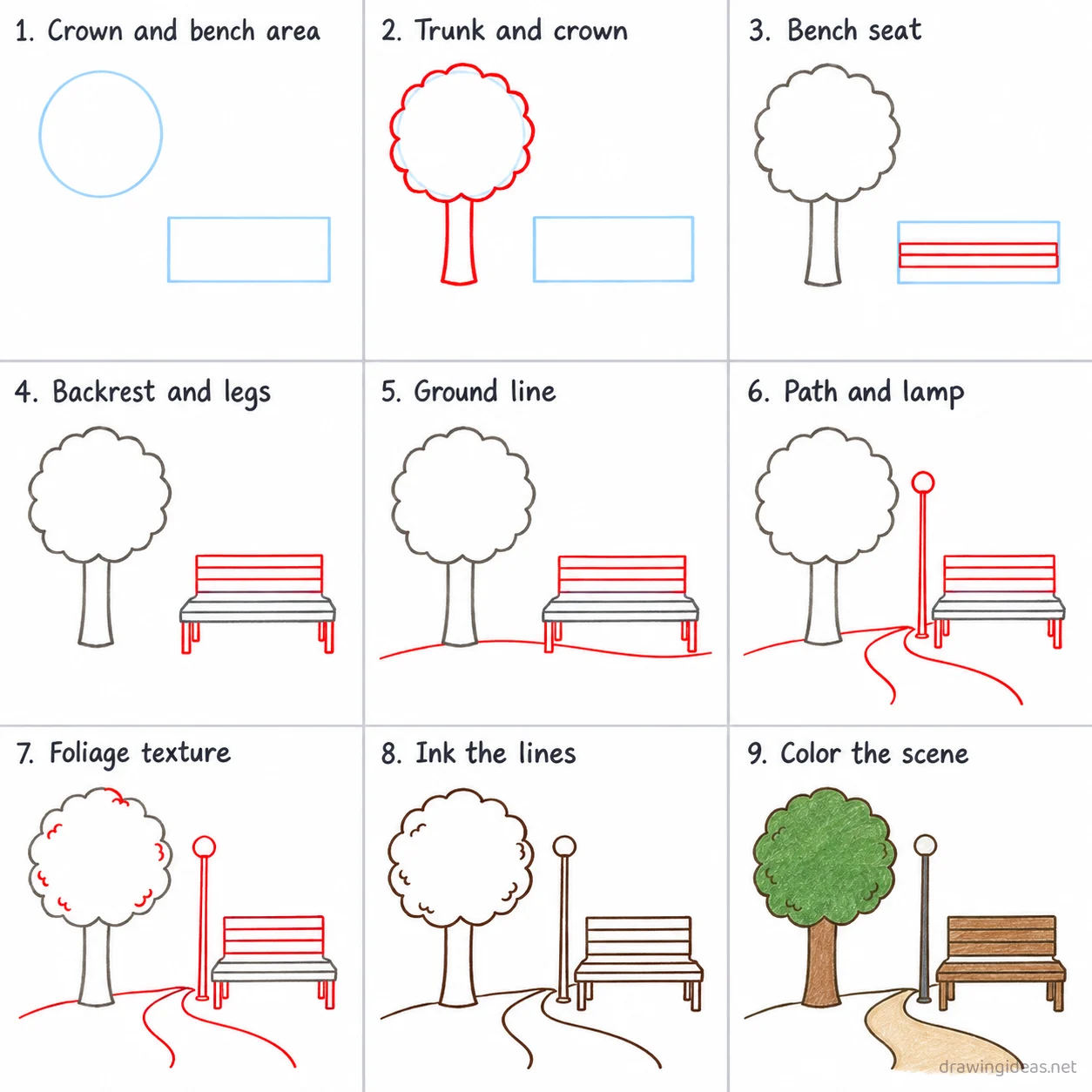 How to draw a park step by step — 9-step park drawing tutorial sheet