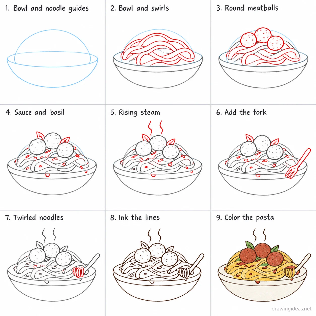 How to draw pasta step by step — 9-step pasta drawing tutorial sheet