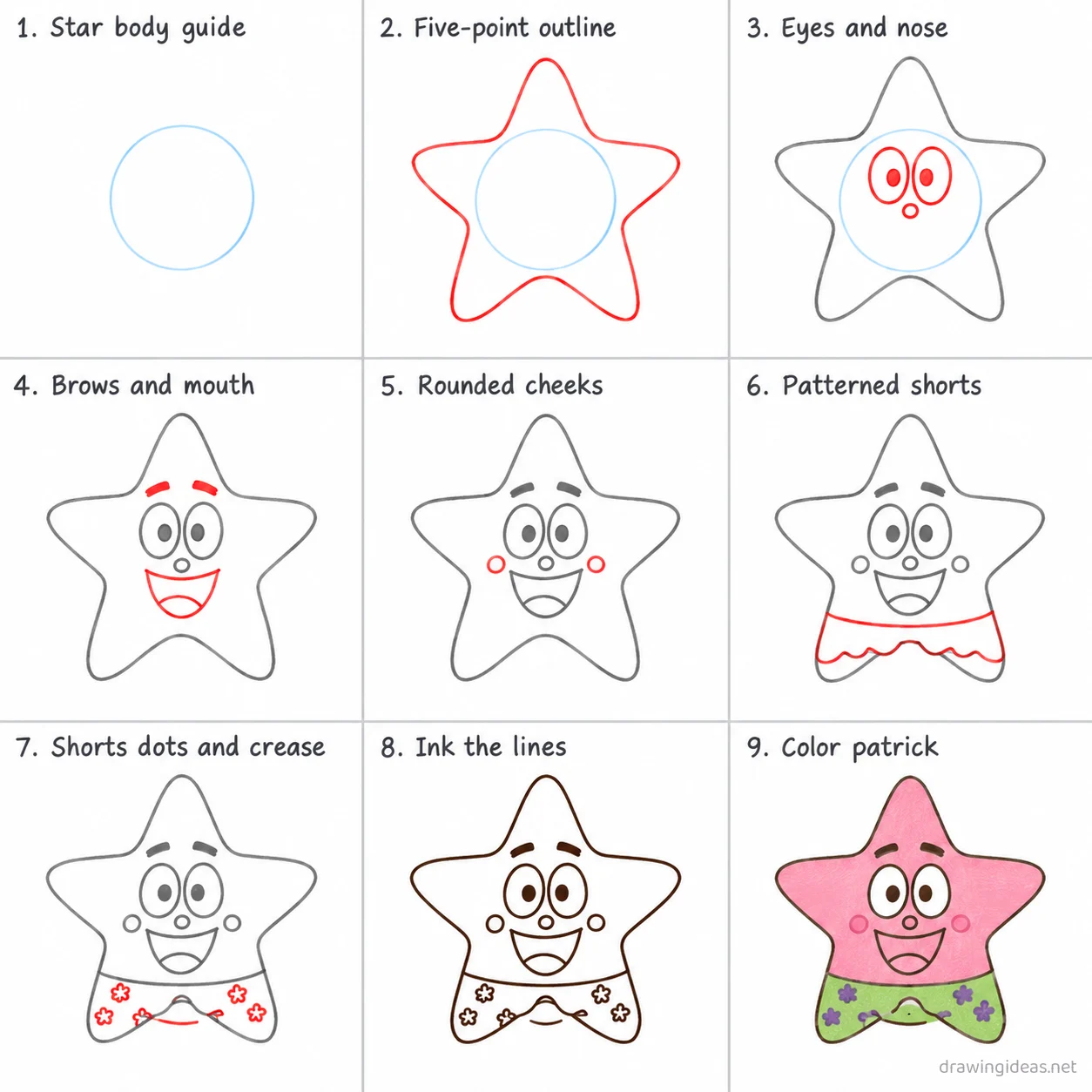 How to draw Patrick Star step by step — 9-step Patrick Star drawing tutorial sheet
