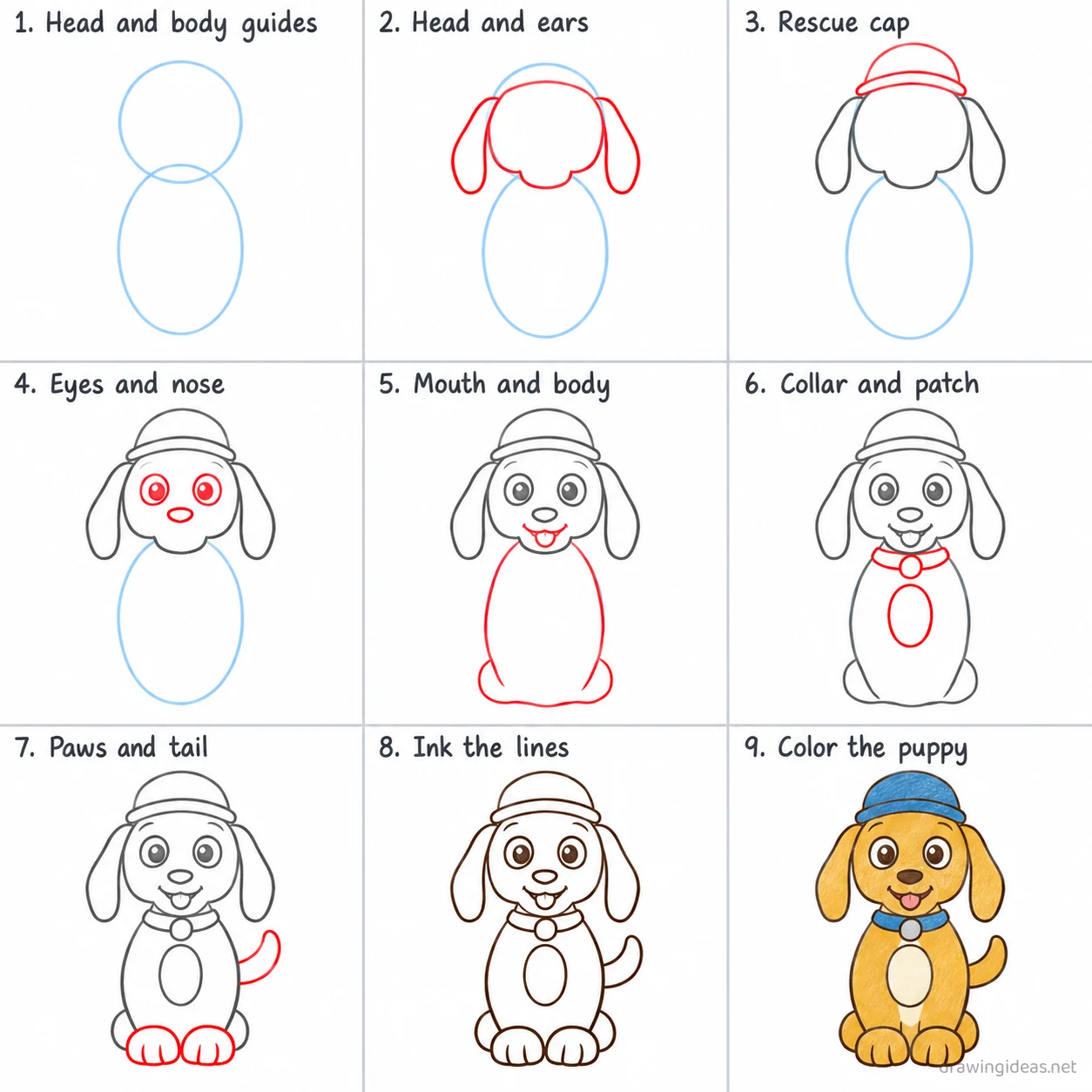 How to draw Paw Patrol step by step — 9-step Paw Patrol drawing tutorial sheet