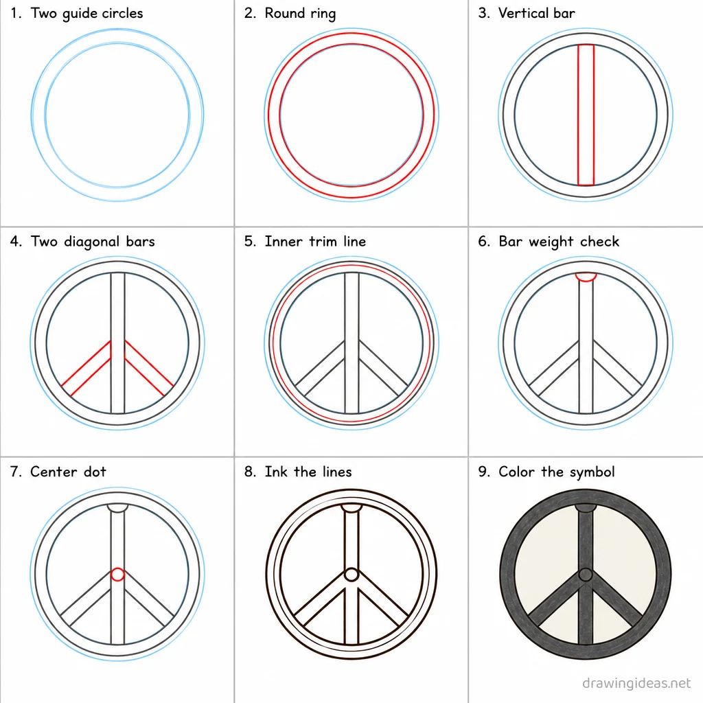 How to draw a peace step by step — 9-step peace drawing tutorial sheet