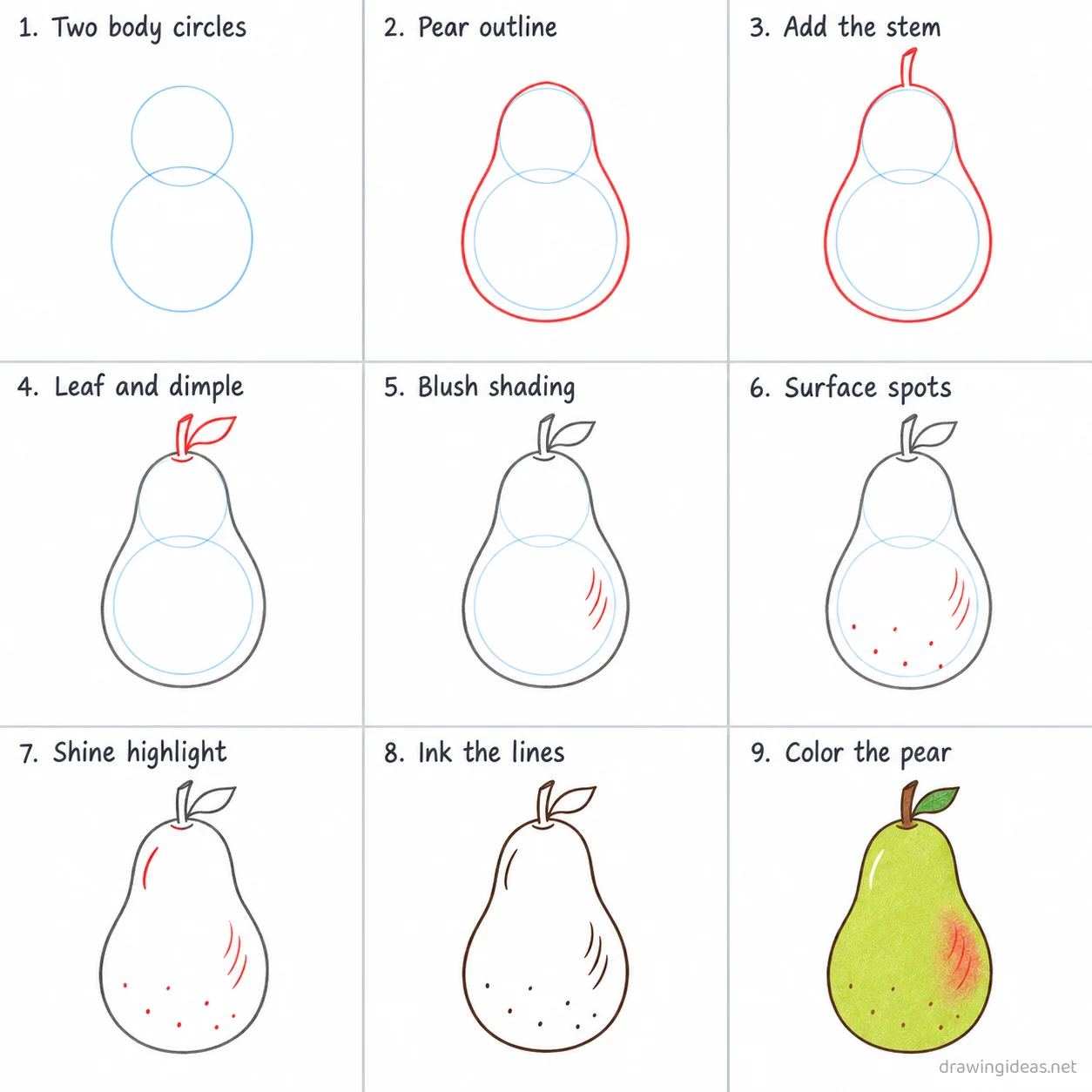 How to draw a pear step by step — 9-step pear drawing tutorial sheet