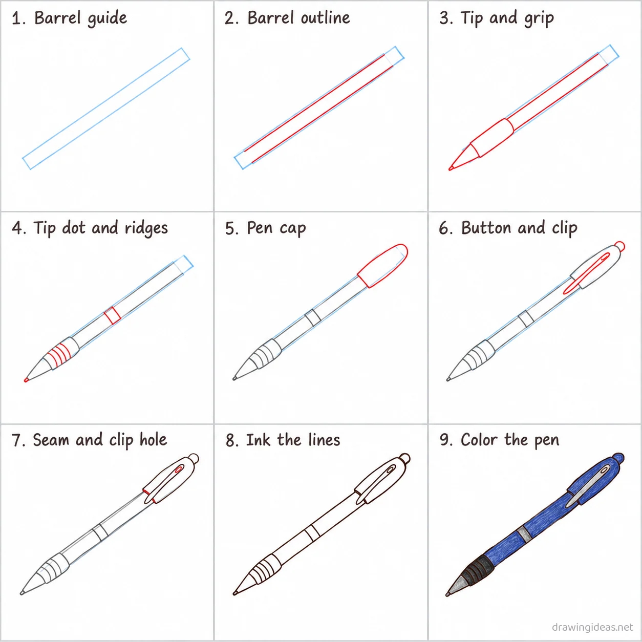 How to draw a pen step by step — 9-step pen drawing tutorial sheet
