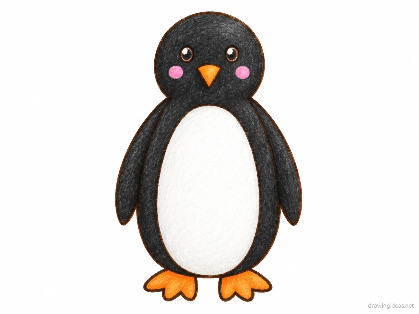 Penguin drawing — hand-drawn penguin illustration with ink lines and soft colors