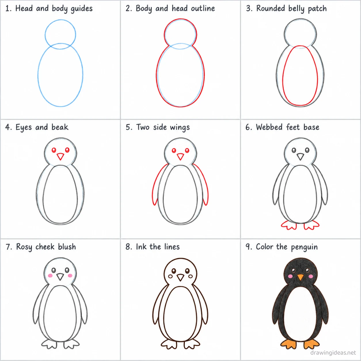 How to draw a penguin step by step — 9-step penguin drawing tutorial sheet