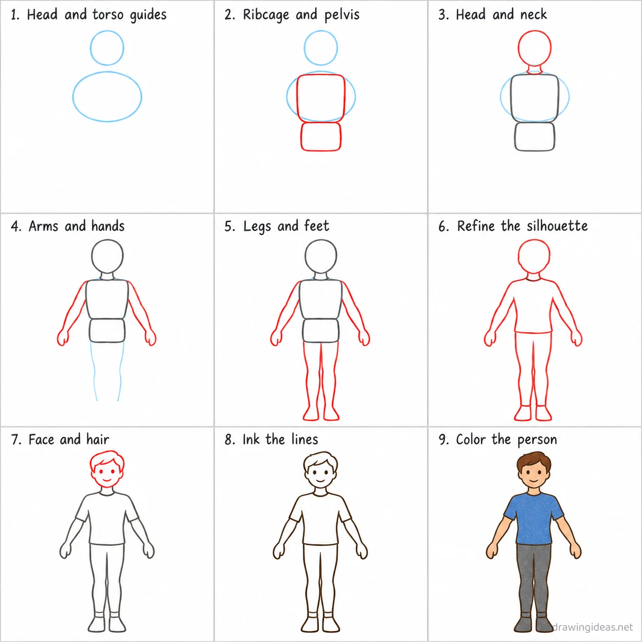 How to draw a person step by step — 9-step person drawing tutorial sheet