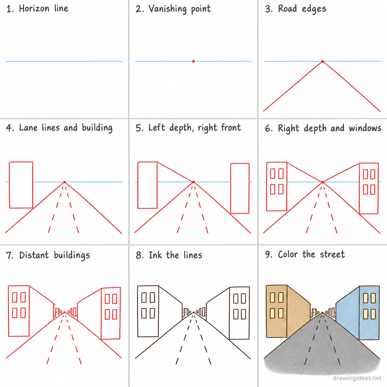 How to draw perspective step by step — 9-step perspective drawing tutorial sheet
